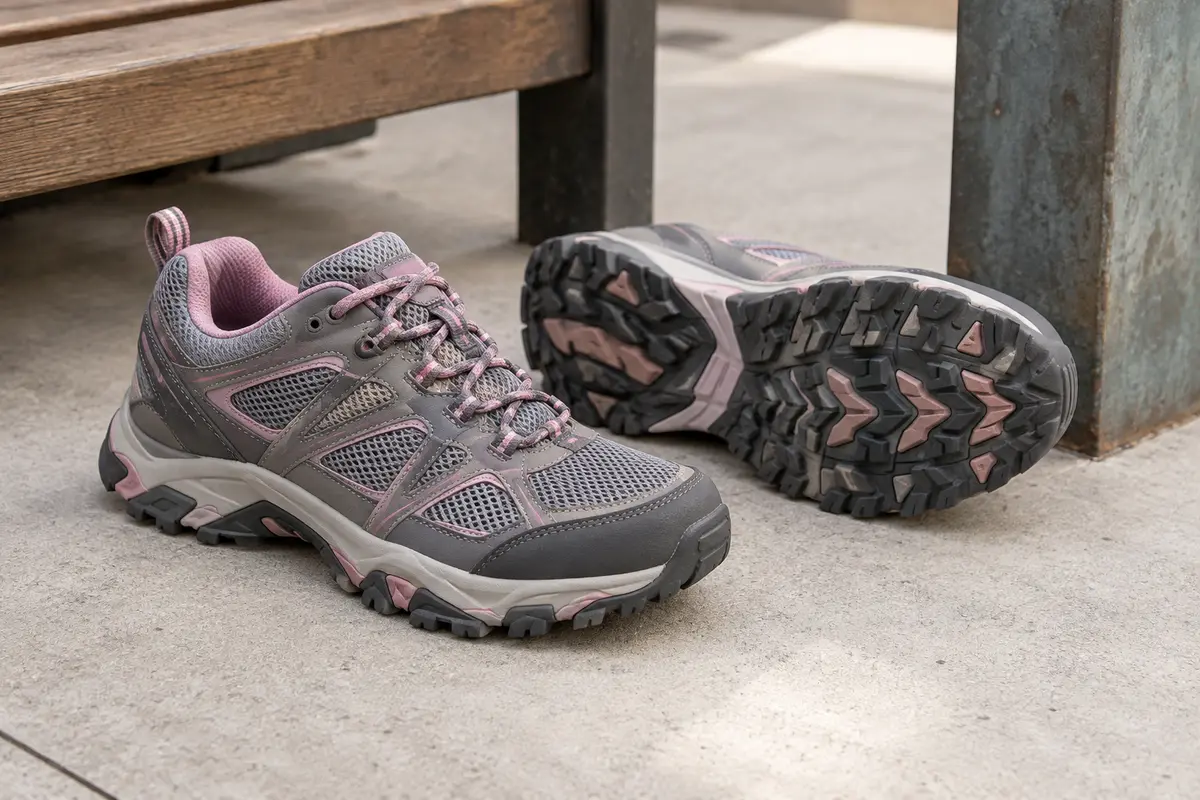 Chaussures de randonnée basses gris et rose posées sur du béton, avec leur semelle à reliefs visible.