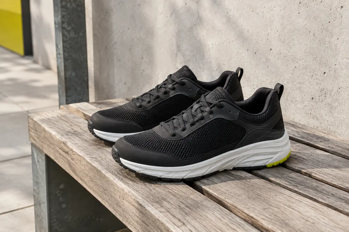 Paire de sneakers basses noires Skechers avec finition mesh, posées sur un banc en bois en décor urbain.