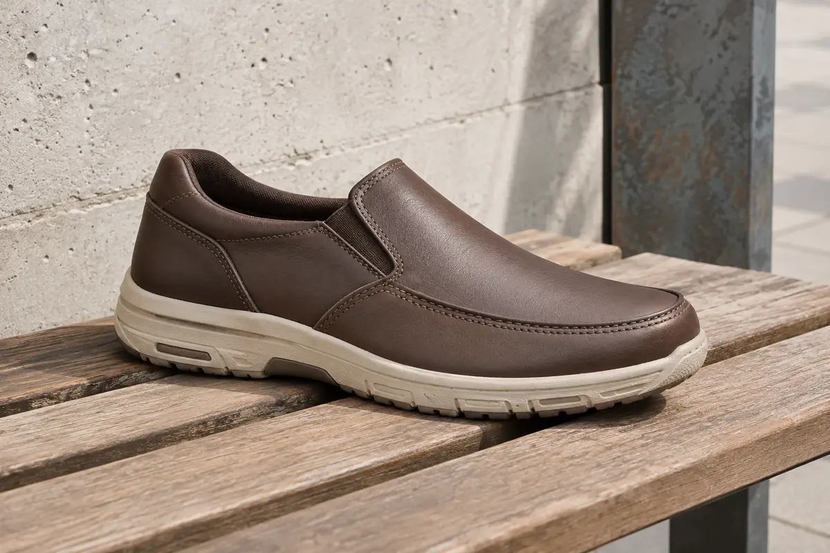 Basket slip-on Skechers Garza Gervin en cuir brun chocolat posée sur un banc en bois