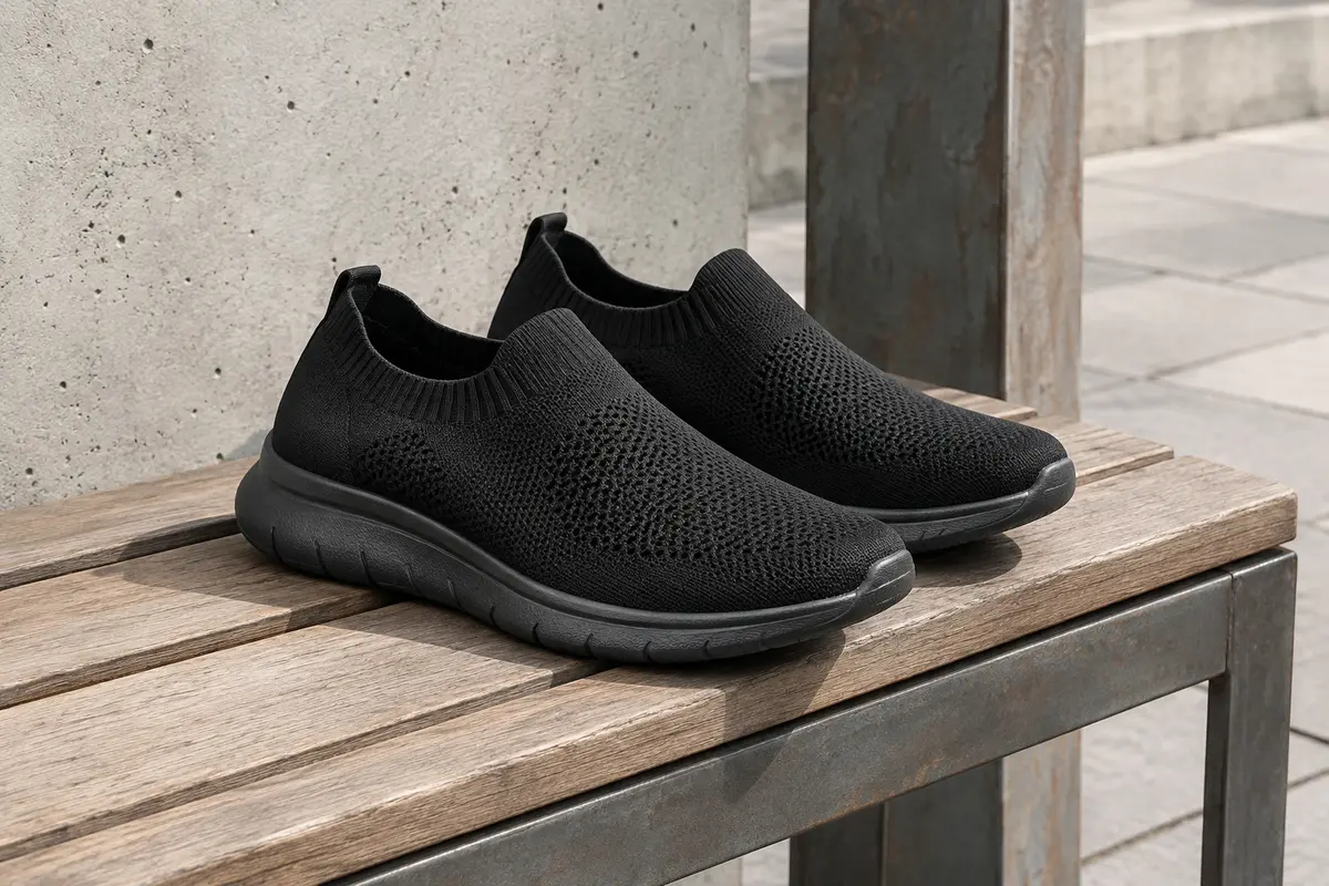 Paire de baskets slip-on noires en mesh posée sur un banc en bois dans un décor urbain clair.