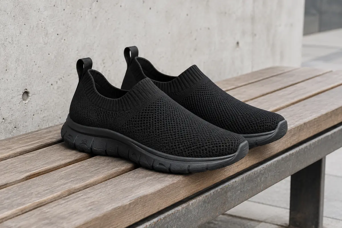 Paire de baskets slip-on noires en maille tricotée posée sur un banc en bois en décor urbain