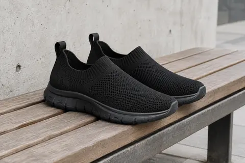 Paire de baskets slip-on noires en maille tricotée posée sur un banc en bois en décor urbain