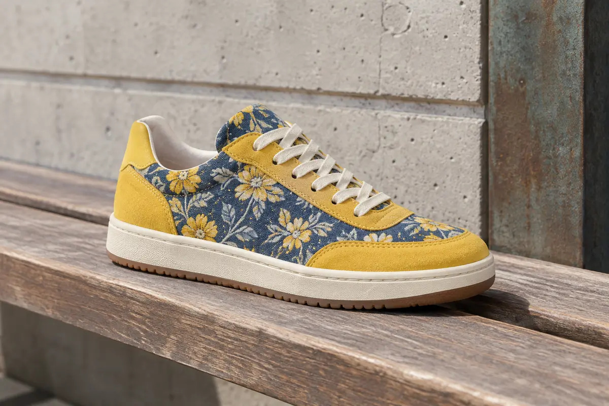 Basket basse Tarelo jaune à motif floral, avec tige en PU et toile et semelle en caoutchouc.