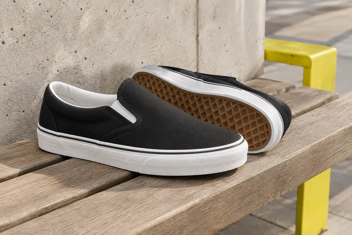 Paire de baskets slip-on en toile noire et blanche, avec semelle gaufrée en caoutchouc, sur un banc en bois.