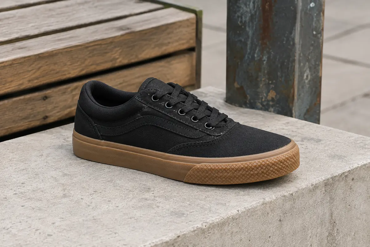 Basket Vans Brooklyn LS en toile noire et semelle gomme, posée sur un socle de béton clair.