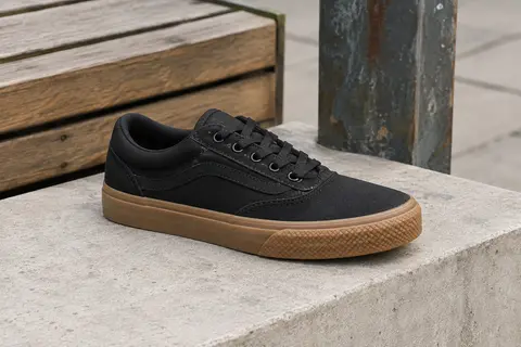 Basket Vans Brooklyn LS en toile noire et semelle gomme, posée sur un socle de béton clair.