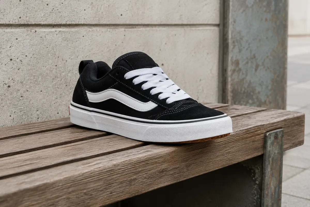 Basket Vans Knu Skool noire en daim, présentée seule sur un banc en bois avec sa semelle gaufrée visible.