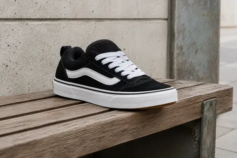 Basket Vans Knu Skool noire en daim, présentée seule sur un banc en bois avec sa semelle gaufrée visible.