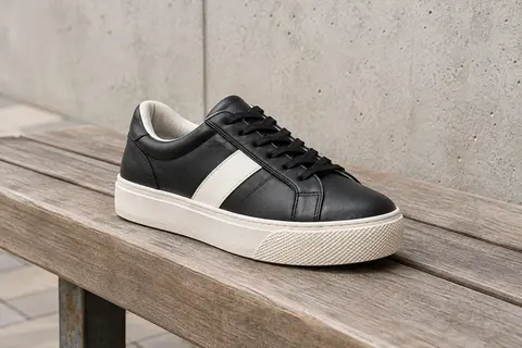 Basket Vans noire et blanche à lacets, avec bande latérale contrastée et semelle plateforme gaufrée.
